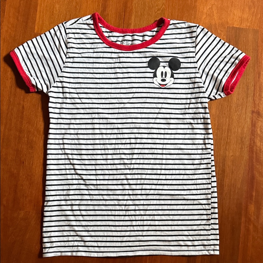 Juniors Disney Mickey Mouse Striped Tee Medium/Small - Black, White, and Red - Picture 1 of 2